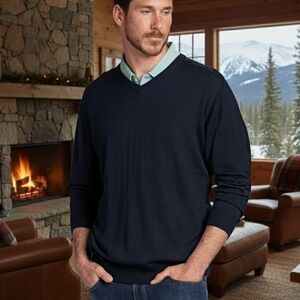 NEW F/X Fusion $99 2X Navy Blue Cotton Blend‎ V Neck Long Sleeve Knit Sweater